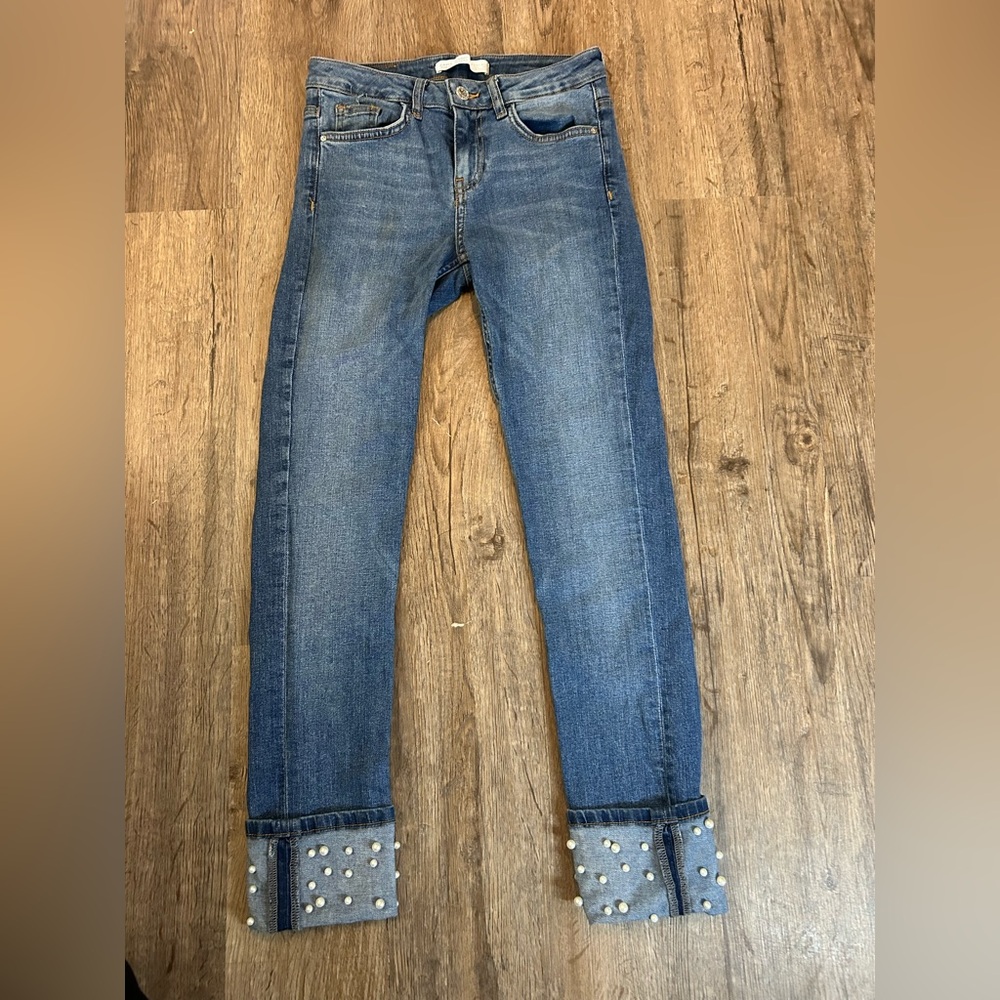 Zara Z1975 Denim Jeans Size 2 Pearl Cuff Slim Straight Medium Wash
